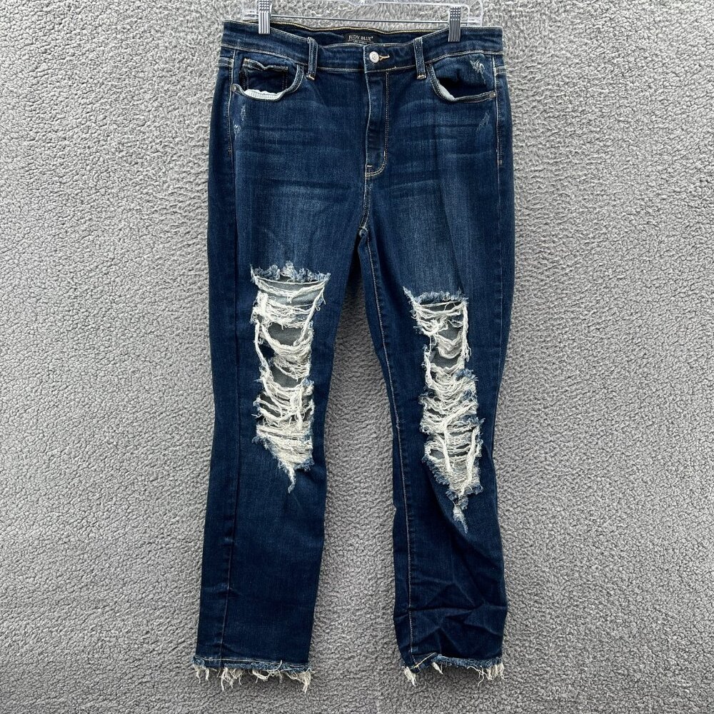 Judy Blue Jeans Womens 15/32 Straight Fit Blue Destroyed Stretch Denim